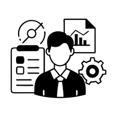 Manager with performance metrics, gears, data analysis and task lists vector silhouette icon