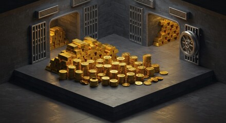 Isometric Illustration of a Vault Overflowing with Gold and Coins