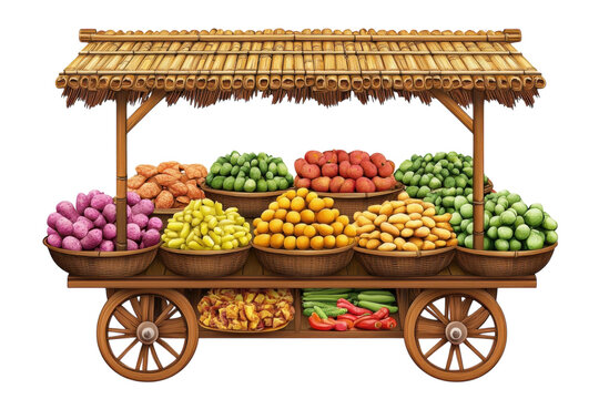 A delightful harvest cart brimming with vibrant fruits and vegetables a rustic mobile market on transparent background
