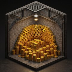 Isometric 3D Render of a Treasure Room Filled with Gold Bars and Coins
