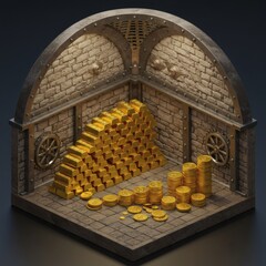 isometric illustration of a treasure vault filled with gold bars and coins