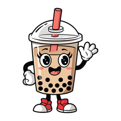 A happy bubble tea cup character with arms and legs, wearing red sneakers and white gloves. The cup is filled with light brown milk tea and black tapioca pearls