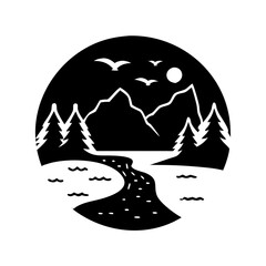 Monochrome Landscape vector Featuring Mountains, Trees, River, Birds and Moon silhouette icon