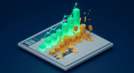 Financial Growth  3D Render of Ascending Bar Graph with Gold Coins