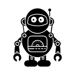 Solid Black Cartoon Robot with Gauges, Antenna, and Claw Hands vector silhouette icon