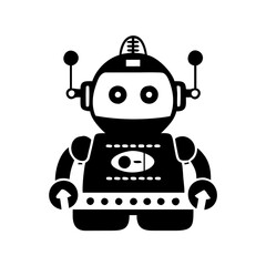 Retro Robot vector with Antennae and Buttons in Black and White silhouette icon