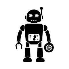 A black and white robot design holding a gear with both hands silhouette icon
