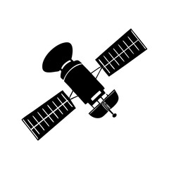 Black and white silhouette vector of a communications satellite in space silhouette icon