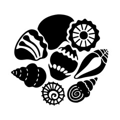 Black and white silhouette vector of various sea shells in cluster pattern silhouette icon