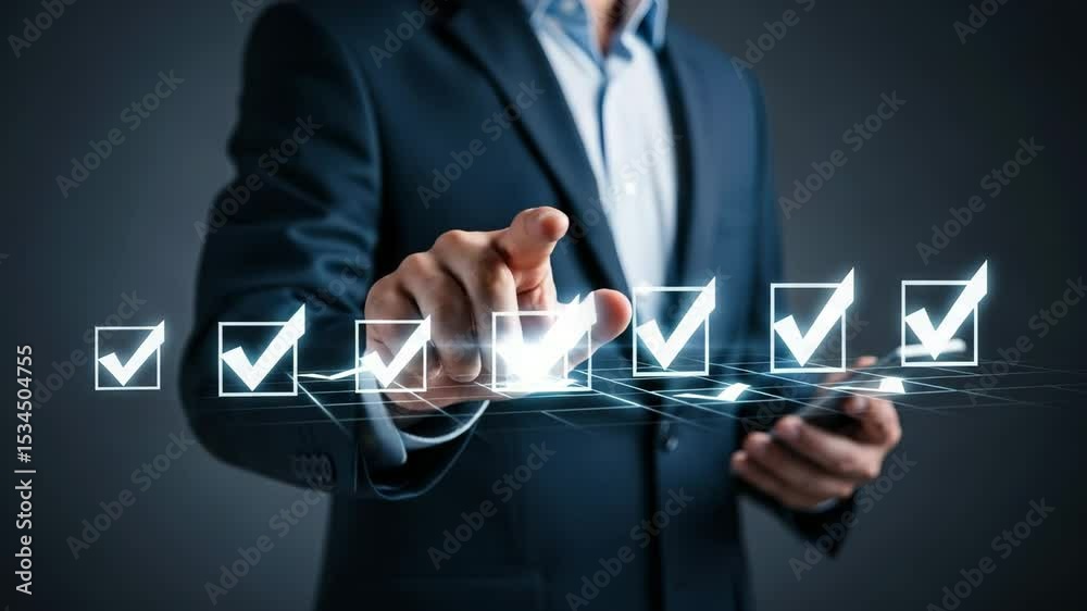 Fototapete Man in suit interacting with digital checklist interface with glowing checkmarks displayed on screen