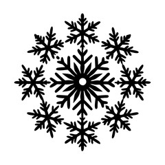 A beautiful and intricately designed snowflake pattern against a stark white background silhouette icon