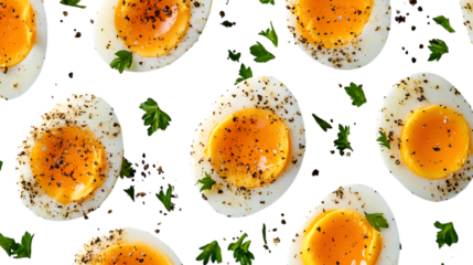 Close-up of halved soft-boiled eggs with golden yolks sprinkled with pepper and parsley isolated on white background 