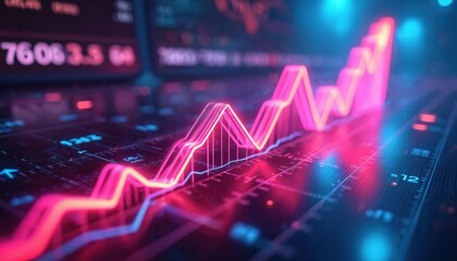 Futuristic neon financial growth chart. Business metrics, market trends depicted in bright neon colours. Upward trend, data visualization, increase in revenue, performance. Finance tech, investment,
