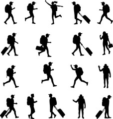 Obraz premium Silhouettes of diverse travelers, showing various poses and activities.