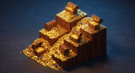 A Mountain of Treasure 3D Render of Gold Coins and Chests
