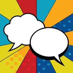 Vibrant pop art illustration featuring two blank speech bubbles on a colorful background