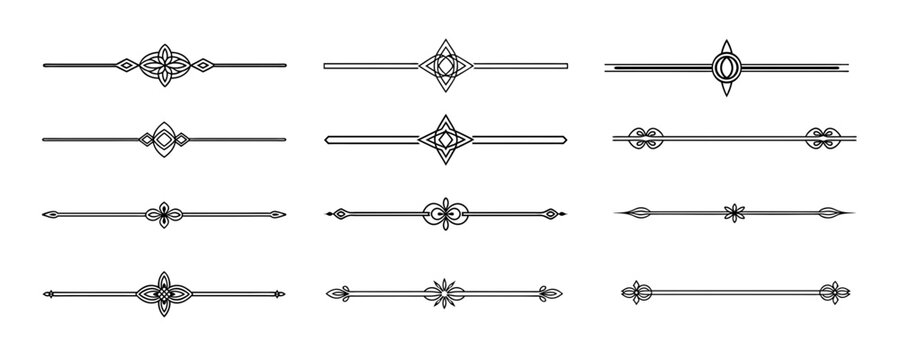 Collection of 12 decorative vector separators in minimalistic linear style with geometric elements for text separation, postcards and typography, transparent backgrounds