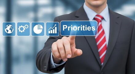 A businessman strategically selects priorities using a digital interface showcasing global reach, process management, data analysis, and growth indicators for effective business strategy