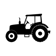 Black and white silhouette of a generic agricultural tractor on white silhouette icon