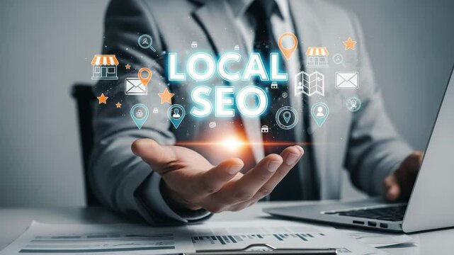 Man in suit presents local seo concept with icons floating above hand near a laptop and documents