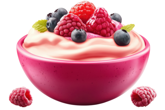 A luscious pink bowl overflowing with creamy goodness and fresh vibrant berries creating a on transparent background
