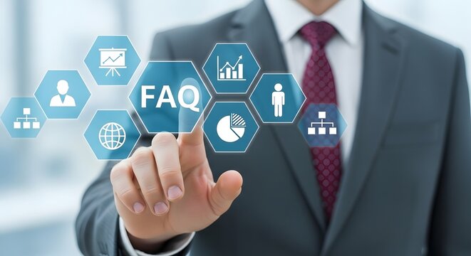 A businessman interacts with a digital FAQ interface showcasing key business metrics like graphs charts and user profiles highlighting online support and data analysis