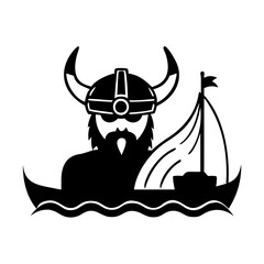 Black and white viking longboat logo sailing on the ocean waves silhouette icon