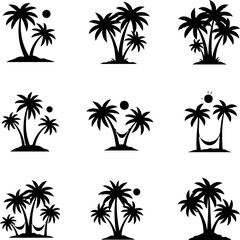Fototapeta premium Tropical palm tree silhouettes on a summer beach at sunset, a perfect vector illustration for your island travel design