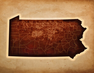 silhouette of the state of Pennsylvania map against a textured, aged background. The state shape is filled in a dark brown color.