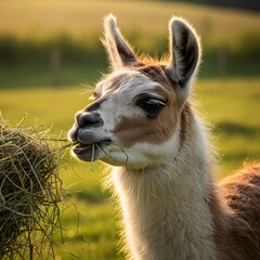 Obraz premium Llama Eating Hay in a Field