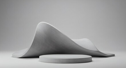 Abstract Gray Wave Sculpture on Circular Platform Minimalist 3D Render