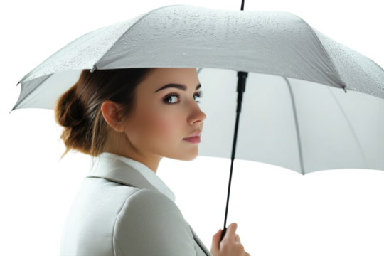 A poised woman under a rain kissed umbrella her gaze holding intrigue reflecting a calm on transparent background