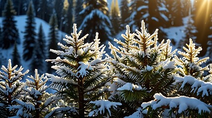 Winter Wonderland Sunlit Snow-Covered Pine Trees in a Majestic Forest