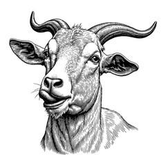 Detailed Goat Face Head Black and White Outline Line Art Drawing Engraved Illustration Vintage Style
