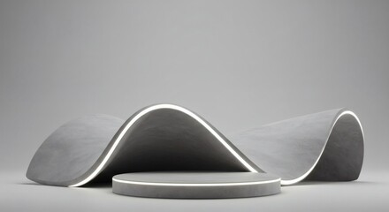 Abstract Gray Concrete Wave Platform with Illuminated Display
