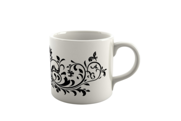 A pristine white mug adorned with elegant black floral designs sits poised ready for a warm on transparent background