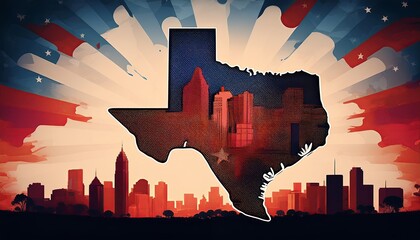 silhouette of the state of Texas filled with a city skyline and a dynamic background. The patriotic colors and design elements create a bold visual effect.