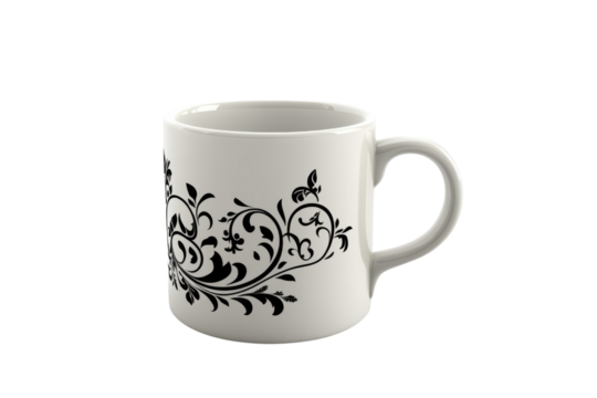 A pristine white mug adorned with elegant black floral designs sits poised ready for a warm on transparent background - Powered by Adobe