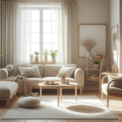 Fototapeta premium Bright Scandinavian-style living room with a neutral sofa, natural wood furniture, plants, and large window with sheer curtains.