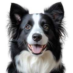 A joyful black and white border collie, isolated on transparent background, beams with happiness