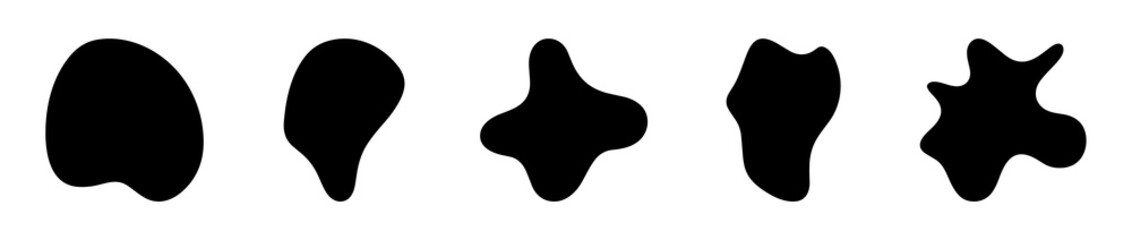 Collection of five abstract organic black blob shapes in a vector style. Ideal for modern graphic design, web layouts, and background decoration. Isolated on white background.