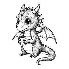 Fototapeta premium Adorable Baby Dragon Creature Holding a Small Cup Detailed Black and White Outline Line Art Drawing Illustration