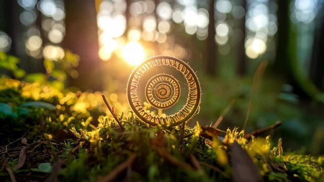 Close-up of a unfurling fern frond with a coiled pattern and sunlight in a lush green forest during golden hour with soft bokeh.