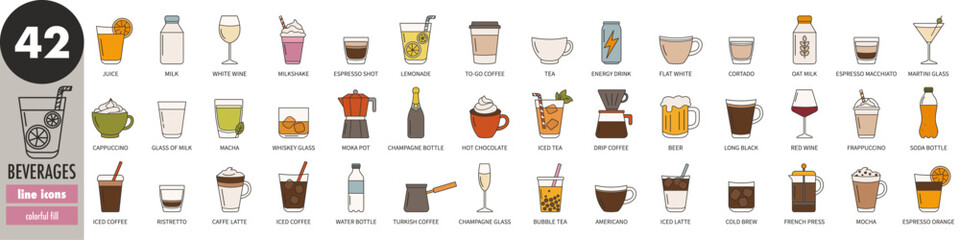 Beverages, drinks - thin line icons set, colorful fill. Juice, coffee, cappuccino, espresso, milk, hot chocolate, tea, soda, water, champagne, wine, milkshake, tea, whiskey, vector illustration