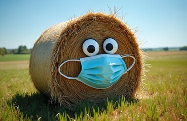 Funny rounded hay bale wearing facial mask in field, eyes, sunny day. Agriculture farm concept related Covid-19 pandemic. Rural landscape with blue sky.
