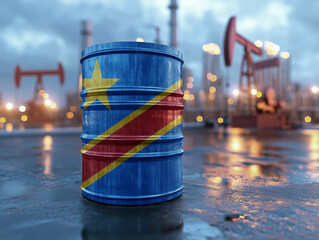 oil barrel with a democratic republic of the congo, drc, set against an industrial backdrop. The scene suggests themes related to oil production and energy.
