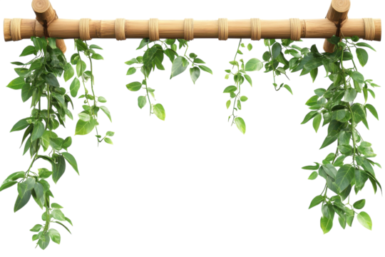 A serene bamboo canopy with lush trailing vines creating a peaceful natural frame against a on transparent background