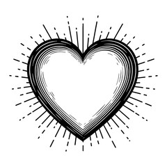 Vintage Retro Love Heart Shape Symbol with Radiating Sunburst Rays Black and White Outline Line Art Drawing