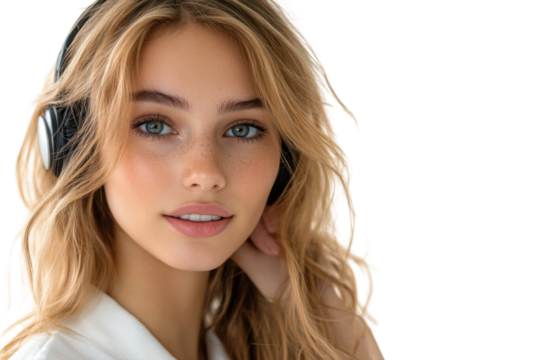 A serene young woman with headphones enjoying music a moment of peaceful escape captured in on transparent background