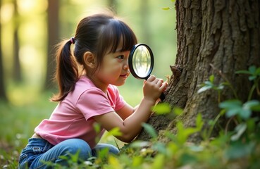 Young girl explores nature with magnifying glass near tree. Child examines tree bark in forest park. Curiosity, learning, studying plants in nature. Botany, science, education, discovery, environment